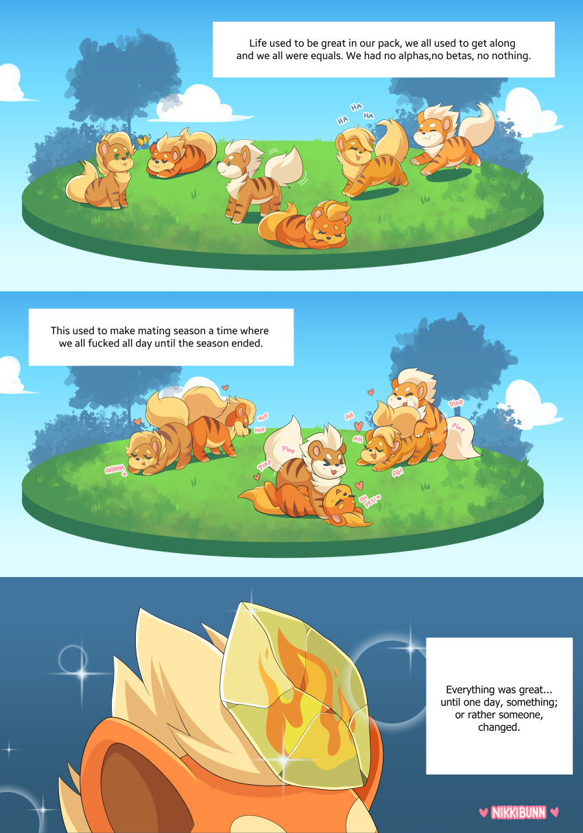 &lt;3 absurd_res blush comic english_text female feral genitals group growlithe hi_res male male/female mating_season nikkibunn nintendo penis pok&eacute;mon pok&eacute;mon_(species) profanity sound_effects text video_games