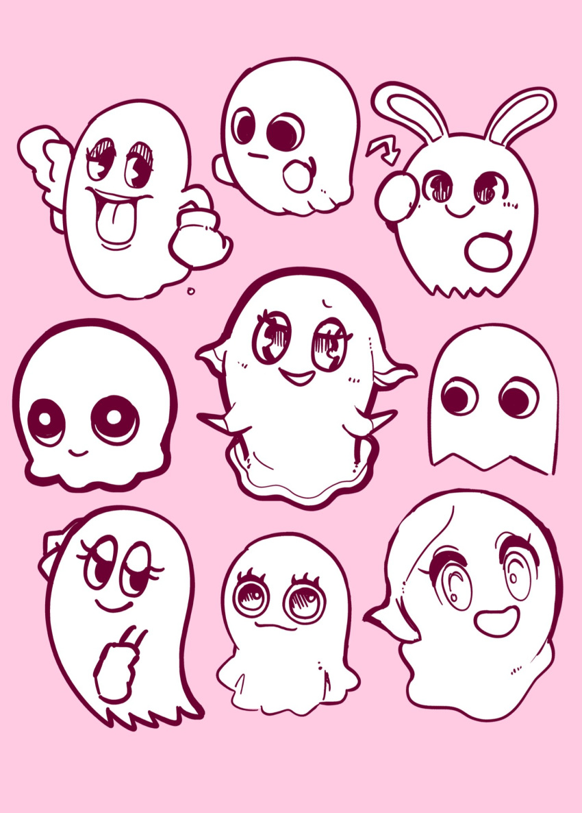 blush clothing directional_arrow eyelashes female floating ghost glistening glistening_eyes gloves handwear hi_res lidded_eyes looking_at_viewer monochrome mouth_closed mouthless open_mouth open_smile pac-man_(series) pac-man_and_the_ghostly_adventures pac-man_party pac-man_world pink_background pinky_(pac-man) simple_background smile solo spirit tongue uyu video_games