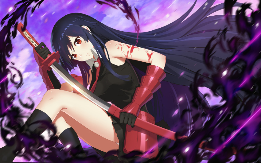 akame akame_ga_kill! armor black_hair dress elbow_gloves gloves katana kneehighs lisong_shen long_hair magic red_eyes sword tattoo tie weapon