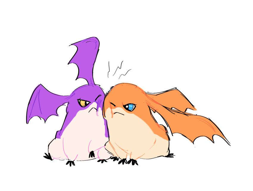 2019 ambiguous_gender angry blue_eyes dhovorei digimon digimon_(species) eye_contact feral head_wings hi_res looking_at_another mammal orange_body patamon purple_body simple_background sitting tsukaimon white_background wings yellow_eyes