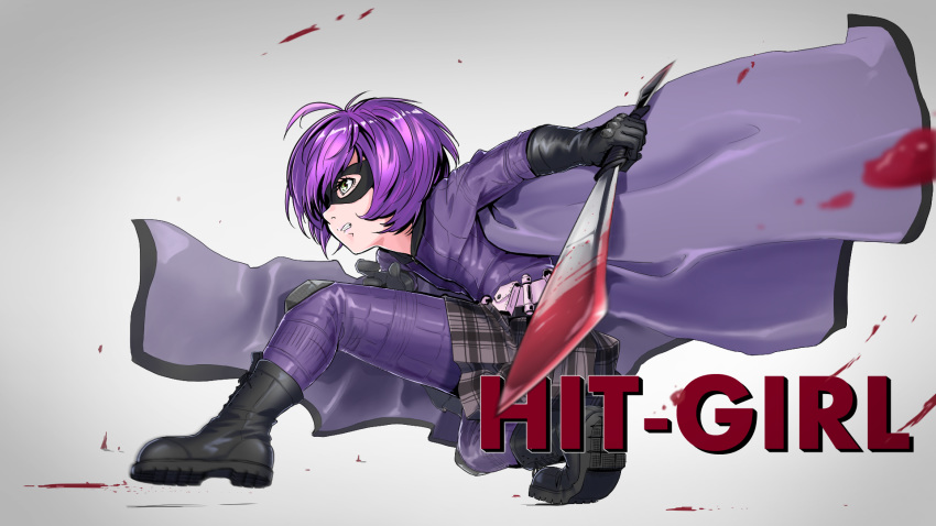 1girl bob_cut boots cape gloves highres hit-girl kick-ass mask nukosann plaid plaid_skirt purple_hair short_hair simple_background skirt solo sword weapon