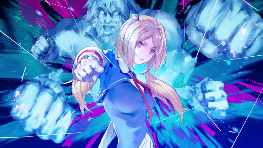 1girl afterimage aki_rosenthal bangs blonde_hair blue_vest breasts closed_mouth collared_shirt commentary detached_hair expressionless gloves gpag14 headpiece highres hololive jojo_no_kimyou_na_bouken large_breasts lips long_hair looking_at_viewer neck_ribbon parody parted_bangs pointing pointing_at_viewer punching purple_eyes red_neckwear red_ribbon ribbon shirt shrug_(clothing) solo spirit stand_(jojo) twintails upper_body vest virtual_youtuber white_gloves white_shirt wing_collar