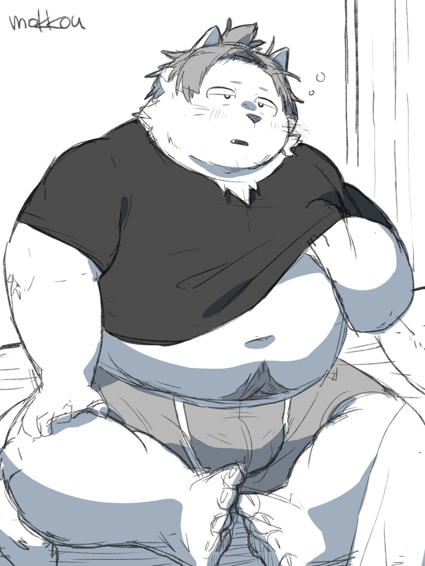 2020 3:4 anthro belly bulge clothed clothing felid feline hi_res kemono male mammal navel open_shirt overweight overweight_male pubes shirt sitting solo topwear underwear uokkom
