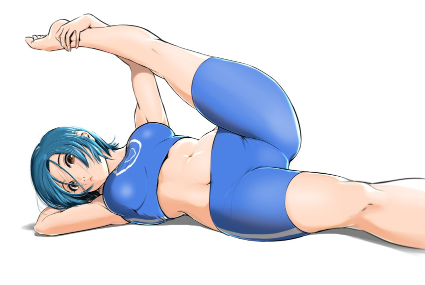 1girl barefoot bike_shorts blue_hair holding_own_foot lying mahha_warabi may_lee midriff navel short_hair sports_bra the_king_of_fighters