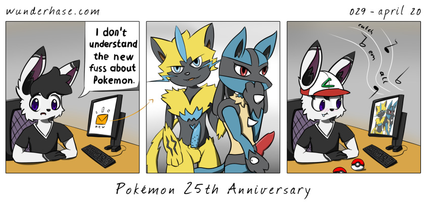 anthro comic duo english_text erection fur genitals hare hi_res kemono knot lagomorph legendary_pok&eacute;mon leporid lucario male male/male mammal nintendo penis pok&eacute;mon pok&eacute;mon_(species) pokemon_sword_and_sheild rabbit solo text url video_games webcomic wunderhase zeraora