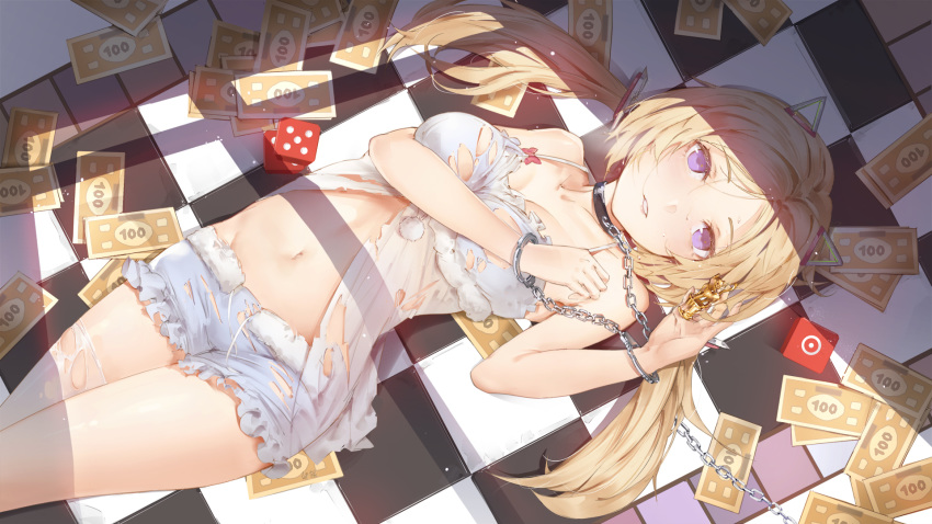 1girl aki_rosenthal babydoll bangs bare_legs blonde_hair bloomers board_game bound bound_wrists breasts checkered checkered_floor cleavage commentary cuffs detached_hair dice eyebrows_visible_through_hair fake_money from_above gpag14 handcuffs headpiece highres hololive light_particles lips long_hair looking_at_viewer lying medium_breasts midriff money monopoly navel on_back parted_bangs parted_lips purple_eyes single_thighhigh smile solo spaghetti_strap sunlight symbol_commentary thighhighs thighs torn_clothes torn_legwear twintails underwear underwear_only virtual_youtuber white_legwear