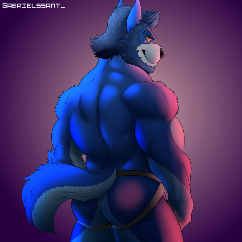 1:1 anthro beard butt canid canine canis clothing digital_drawing_(artwork) digital_media_(artwork) facial_hair gabrielssant hi_res jockstrap male mammal muscular psychotalbain rear_view solo underwear wolf