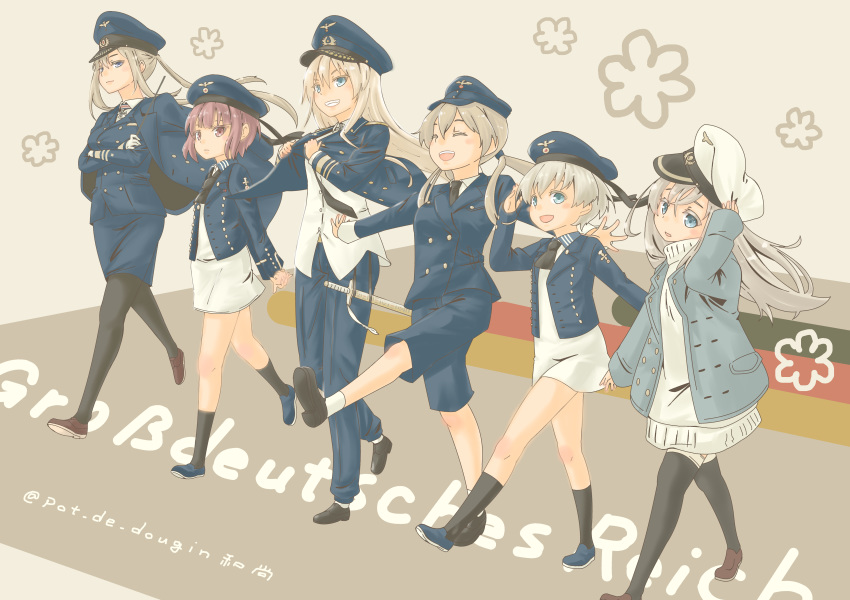 6+girls absurdres alternate_costume bangs bismarck_(kantai_collection) black_legwear black_neckwear blonde_hair blue_headwear blue_jacket breasts brown_hair closed_eyes closed_mouth crossed_arms dress full_body german_text graf_zeppelin_(kantai_collection) grin hat highres jacket kantai_collection kneehighs long_hair long_sleeves multiple_girls necktie open_mouth pants pantyhose pot-de prinz_eugen_(kantai_collection) short_hair silver_hair skirt smile socks twintails twitter_username u-511_(kantai_collection) uniform white_headwear white_legwear z1_leberecht_maass_(kantai_collection) z3_max_schultz_(kantai_collection)