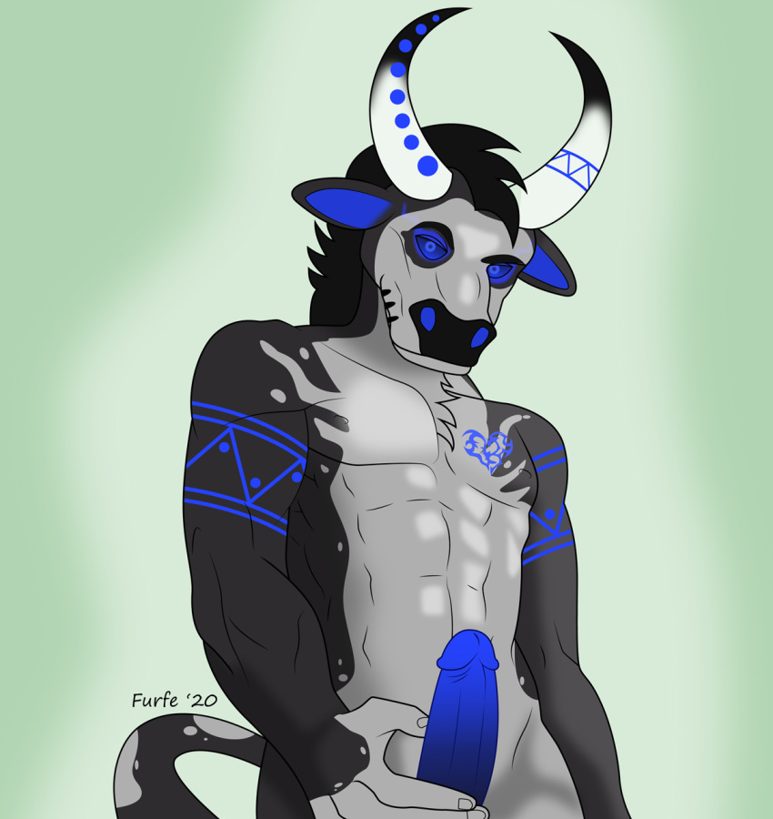 animal_humanoid anthro bioluminescence black_hair bovid bovid_humanoid bovine bovine_humanoid cattle erection furfe genitals glowing hair hi_res holding_penis horn humanoid looking_at_viewer male mammal mammal_humanoid muscular pecs penis presenting presenting_penis reyo_(reyohoof) solo tattoo