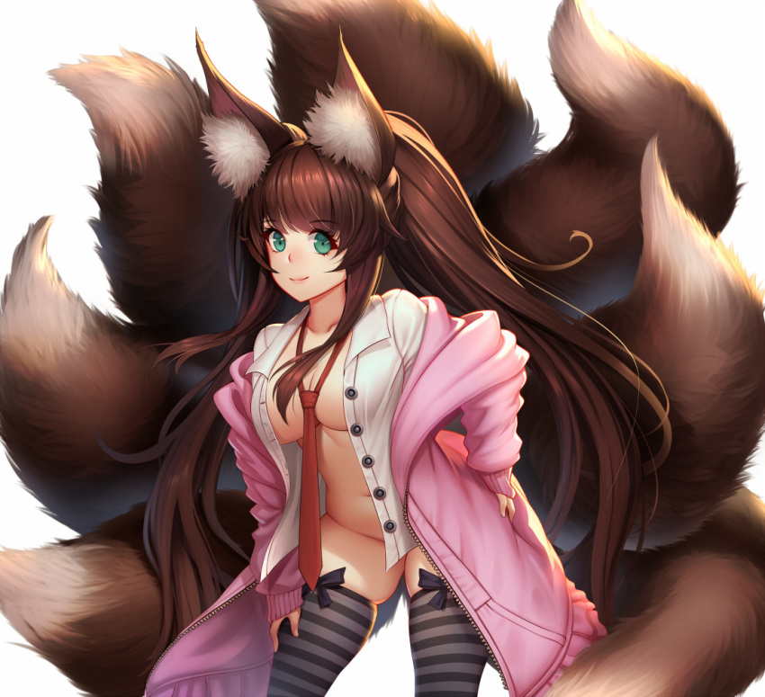 1girl animal_ear_fluff animal_ears aqua_eyes bangs black_legwear black_ribbon breasts brown_hair cleavage closed_mouth coat collarbone commentary_request commission eyebrows_visible_through_hair fox_ears fox_girl fox_tail hand_on_hip jurrig large_breasts leaning_forward long_hair long_sleeves mixed-language_commentary navel necktie no_bra no_panties open_clothes open_coat open_shirt original pink_coat plushmallow red_neckwear ribbon shirt simple_background skindentation smile solo striped striped_legwear tail thighhighs twintails unbuttoned unbuttoned_shirt unzipped very_long_hair white_background white_shirt