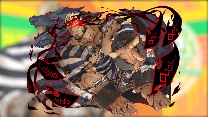 1boy arm_hair balor_(tokyo_houkago_summoners) bara beard black_hair body_hair chain chest chest_hair cuffs facial_hair full_body gomtang highres looking_at_viewer male_focus multicolored multicolored_eyes multicolored_hair muscle pectorals prison_clothes scar shirt simple_background smile solo striped striped_shirt tearing_clothes tokyo_houkago_summoners torn_clothes