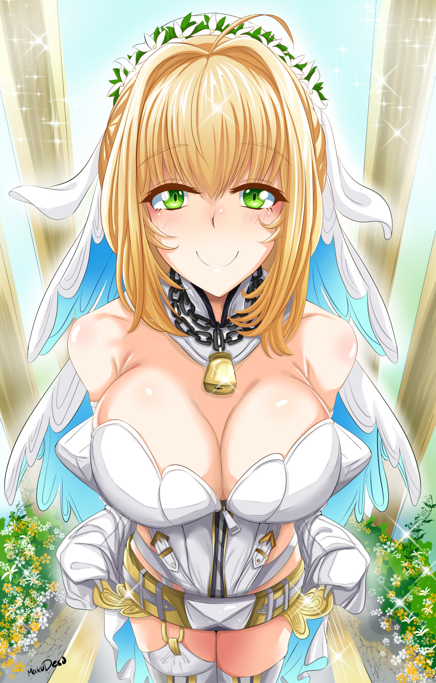 1girl absurdres ahoge bangs bare_shoulders belt blush breasts bridal_veil chain cleavage closed_mouth detached_sleeves fate/extra fate/extra_ccc fate_(series) flower_wreath full-length_zipper gloves hair_intakes head_wreath highres large_breasts leotard lock long_hair long_sleeves looking_at_viewer loose_belt makudesu nero_claudius_(bride)_(fate) nero_claudius_(fate)_(all) padlock puffy_detached_sleeves puffy_sleeves smile solo sparkle veil white_leotard white_sleeves wide_sleeves zipper zipper_pull_tab