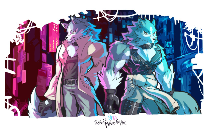 2020 anthro biceps blue_body blue_eyes blue_fur brand_new_animal canid canine canis clothed clothing collar fur gloves hair handwear hi_res male mammal muscular muscular_male shirou_ogami simple_background studio_trigger topwear white_body white_fur wolf wolfmalro