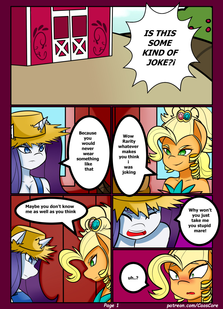absurd_res anthro applejack_(mlp) barn blush breasts caoscore cleavage clothed clothing comic dialogue english_text equid friendship_is_magic hi_res horn mammal my_little_pony orange_body rarity_(mlp) text unicorn url white_body