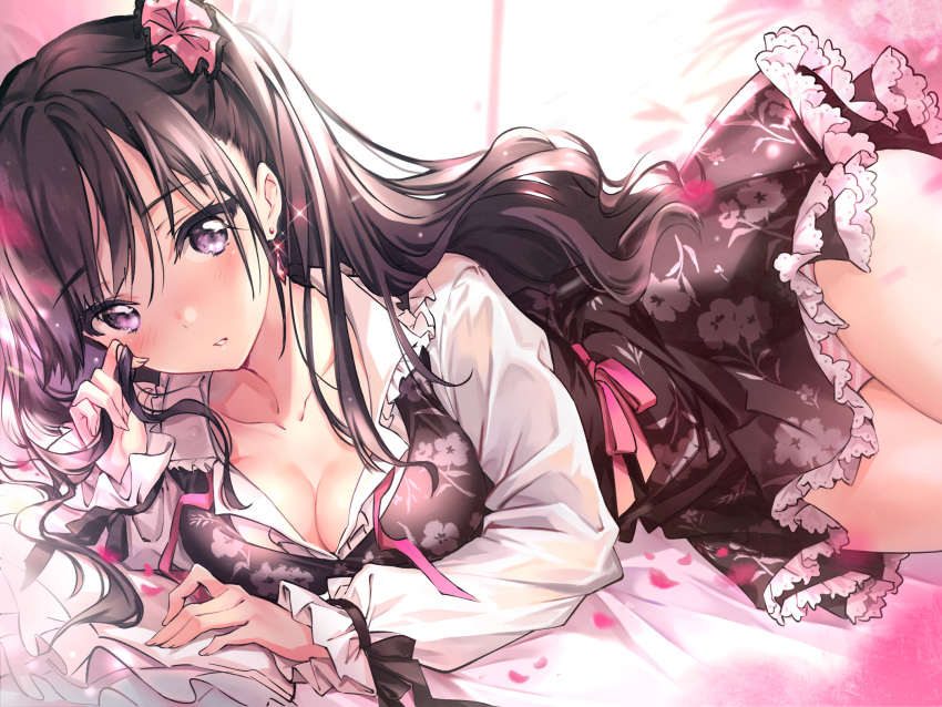 bed blush breasts brown_hair cleavage dress long_hair original panties pierorabu purple_eyes striped_panties underwear