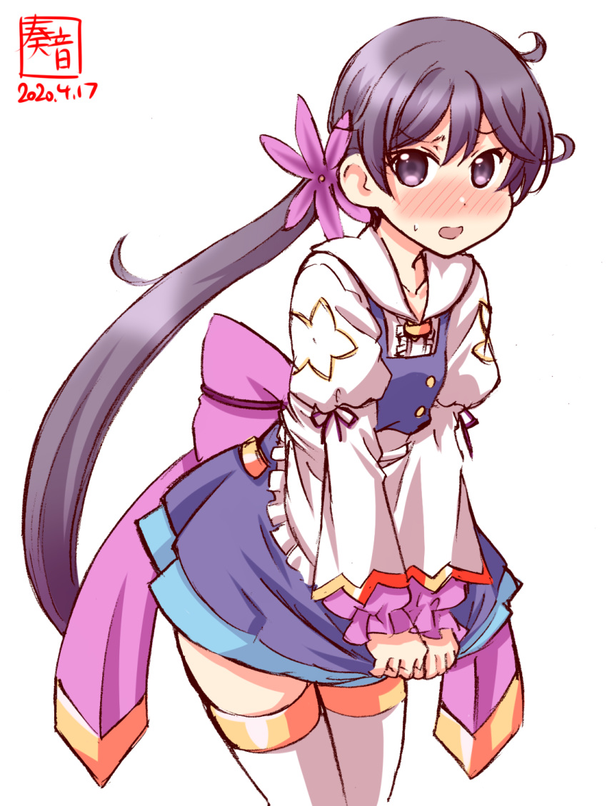 1girl akebono_(kantai_collection) apron artist_logo blue_skirt character_request commentary_request cosplay cowboy_shot dated embarrassed flower flower_knight_girl frilled_apron frills hair_flower hair_ornament highres kanon_(kurogane_knights) kantai_collection long_hair look-alike looking_at_viewer purple_eyes purple_hair shirt side_ponytail simple_background skirt solo thighhighs very_long_hair white_apron white_background white_legwear white_shirt