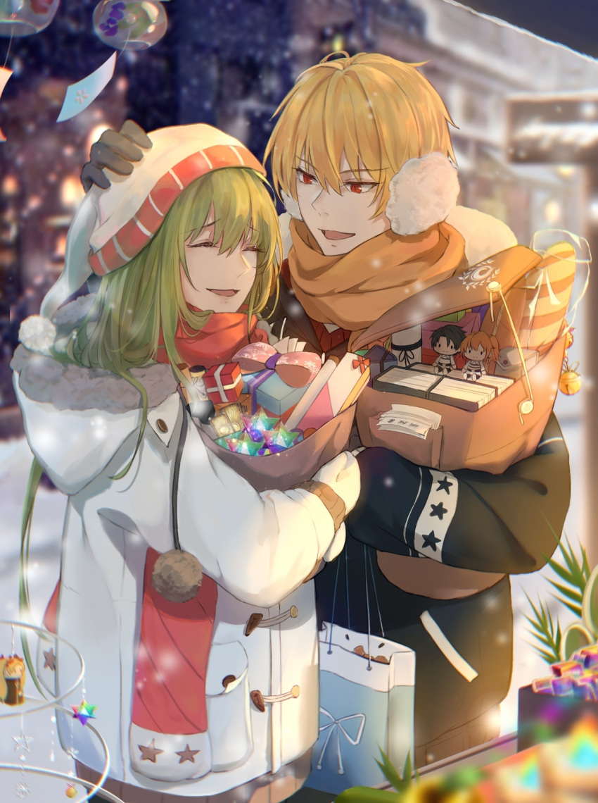 1boy 1other alternate_costume androgynous bag bangs black_gloves black_jacket blonde_hair book box closed_eyes enkidu_(fate/strange_fake) evening eyebrows_visible_through_hair fate/grand_order fate_(series) fujimaru_ritsuka_(female) fujimaru_ritsuka_(male) fur fur-trimmed_hood fur_trim gift gift_box gilgamesh gloves green_hair hair_between_eyes hand_on_another's_head hat headwear highres holding hood hooded_track_jacket jacket laughing long_hair looking_at_another nanako_(user_zcmj5835) open_mouth orange_scarf otoko_no_ko outdoors package plant quartz_(gemstone) red_eyes red_scarf road scarf smile snow standing star street talking track_jacket upper_body very_long_hair white_gloves white_headwear white_jacket winter winter_clothes