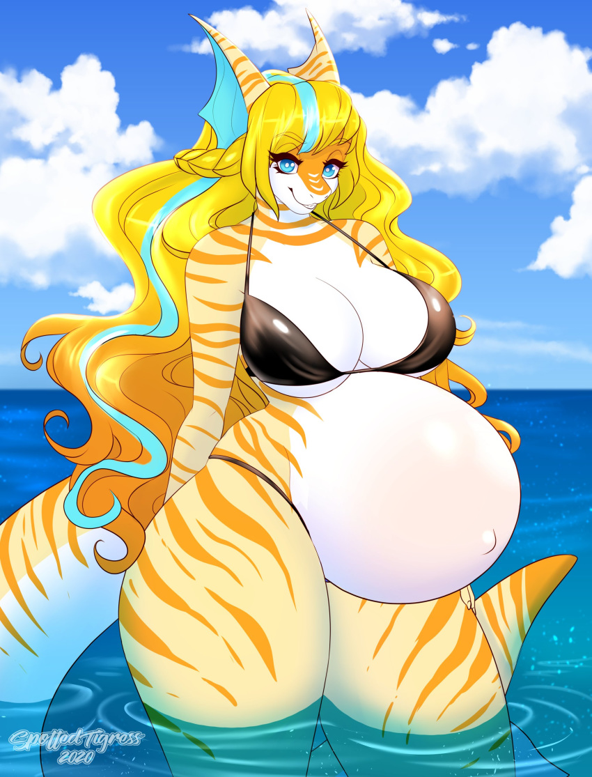 absurd_res anthro belly big_belly big_breasts bikini blonde_hair blue_eyes blue_highlights breasts cleavage clothed clothing curvy_figure day female fish hair hand_on_thigh hi_res highlights_(coloring) long_hair looking_at_viewer marine navel outside pregnant sasha_sweets sea shark solo spottedtigress standing striped_body stripes swimwear thick_thighs voluptuous water wide_hips