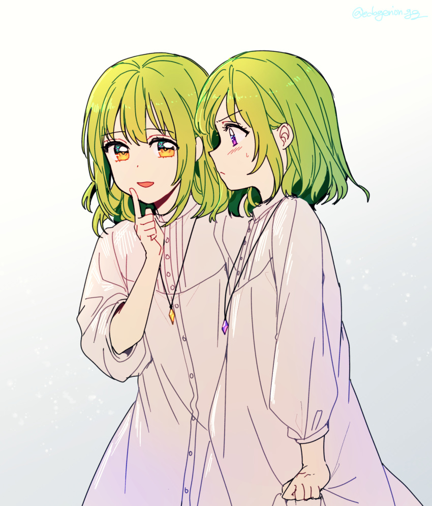 1other arm_up bangs blush closed_mouth dress ede enkidu_(fate/strange_fake) eyebrows_visible_through_hair fate/grand_order fate_(series) green_hair grey_background hair_between_eyes highres holding jewelry long_sleeves looking_at_viewer necklace neckwear open_mouth purple_eyes short_hair sidelocks simple_background smile sweat talking upper_body white_dress yellow_eyes younger