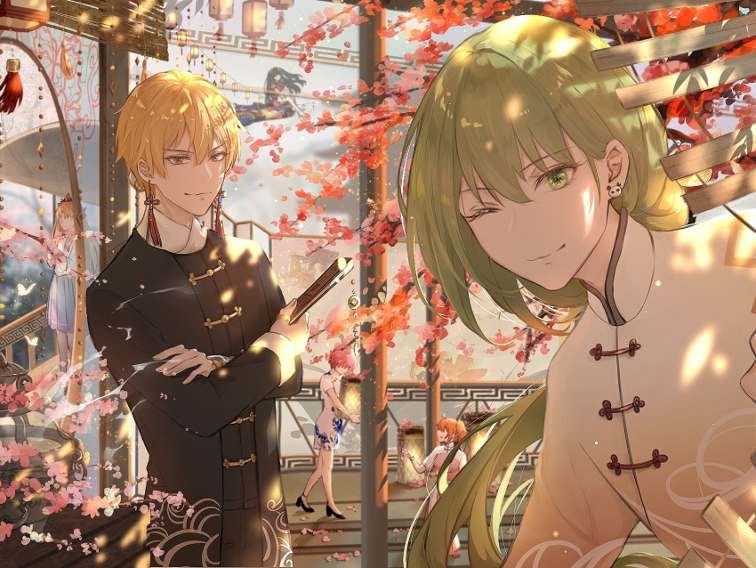 1boy 1other 3girls androgynous bangs black_clothes black_pants blonde_hair blue_skirt china_dress chinese_clothes chinese_lantern_(plant) closed_mouth collar crossed_arms crown day dress ear_piercing earrings enkidu_(fate/strange_fake) ereshkigal_(fate/grand_order) eyebrows_visible_through_hair fan fate/grand_order fate_(series) flower fujimaru_ritsuka_(female) full_body gilgamesh green_eyes green_hair hair_between_eyes highres holding holding_fan jewelry lantern lips liquid long_hair long_sleeves looking_at_another looking_at_viewer looking_to_the_side mash_kyrielight multiple_girls nanako_(user_zcmj5835) one_eye_closed orange_hair otoko_no_ko outdoors pants piercing pink_flower pink_hair red_eyes red_flower ring shadow short_hair skirt smile standing tree upper_body very_long_hair water