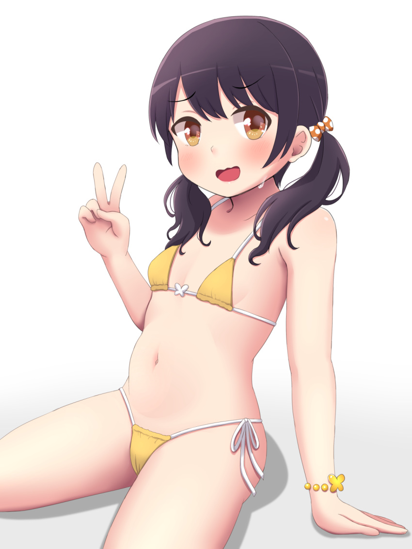 1girl arm_up bang_dream! bikini black_hair breasts brown_eyes cameltoe commentary_request futaba_tsukushi highres long_hair low_twintails navel open_mouth side-tie_bikini simple_background sitting small_breasts smile solo swimsuit tanukikouji_midori thighs twintails v white_background yellow_bikini
