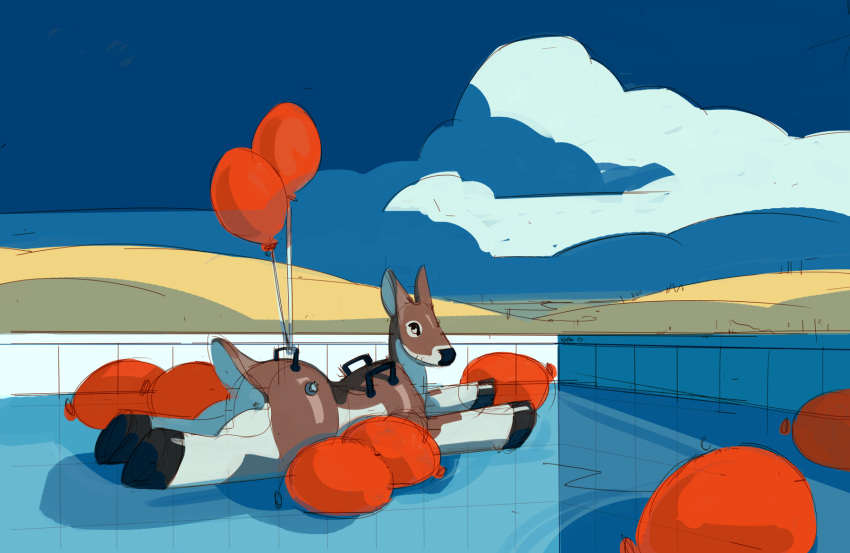 ambiguous_gender ballon cervid cloud detailed_background digital_media_(artwork) feral hi_res hooves mammal outside pool_(disambiguation) pool_toy sand sketch sky solo water wuffe