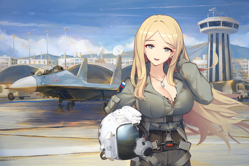 1girl adjusting_hair aircraft airplane bangs black_bra blonde_hair blue_eyes blue_sky bra breasts building cleavage commentary_request condensation_trail dog_tags eyebrows_visible_through_hair fighter_jet ground_vehicle hangar harness helmet highres holding holding_helmet jet lace lace_bra large_breasts liu_lan long_hair looking_at_viewer military military_base military_uniform military_vehicle motor_vehicle open_mouth original outdoors parted_bangs pilot pilot_helmet pilot_suit runway satellite_dish sky soldier standing su-30 truck underwear uniform