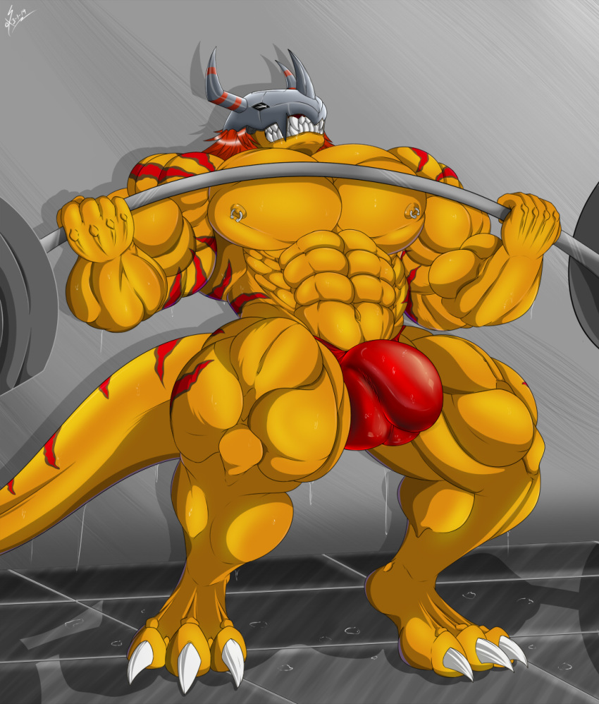 2019 5_fingers anthro armor balls_outline biceps big_bulge big_muscles big_pecs bodily_fluids bulge claws clenched_teeth clothed clothing detailed_background digimon digimon_(species) dripping_sweat exercise eyes_closed fangs fingers genital_outline gym hair headgear helmet hi_res horn huge_muscles male markings mask muscular nipple_piercing nipple_ring nipples pecs piercing red_clothing red_hair red_markings red_stripes red_thong saixyuniz-xynz scales scalie shadow signature skimpy solo stripes sweat teeth teeth_showing thong tile_floor underwear vein wall_(disambiguation) wargreymon weightlifting weights workout yellow_body yellow_scales zarox