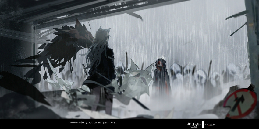 1girl absurdres animal_ears arknights black_jacket commentary_request crownslayer_(arknights) english_text from_behind highres holding holding_sword holding_weapon hzw3 jacket lappland_(arknights) long_hair looking_at_another rain reunion_soldier_(arknights) road_sign sign silver_hair standing sword weapon wolf_ears