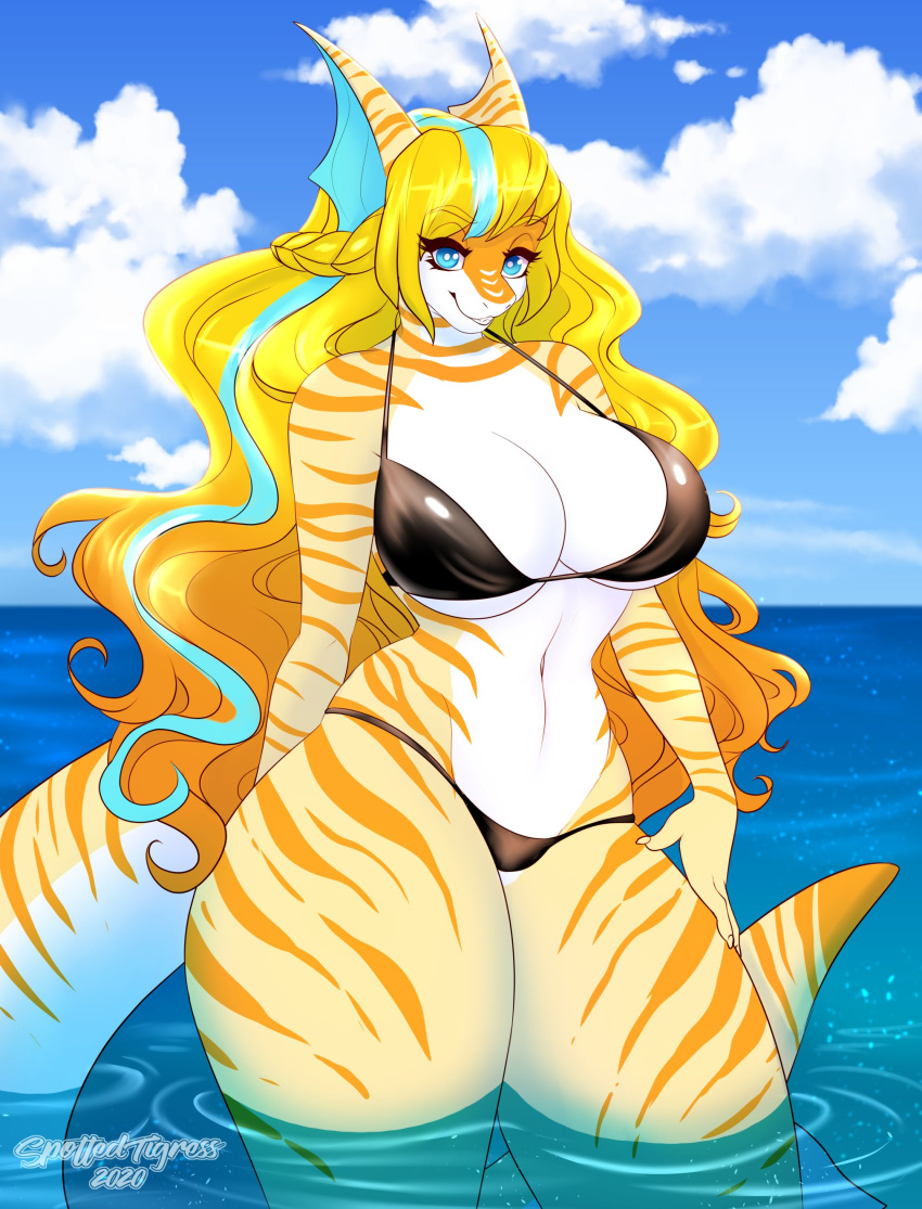 absurd_res anthro big_breasts bikini blonde_hair blue_eyes blue_highlights breasts cleavage clothed clothing curvy_figure day female fish hair hand_on_thigh hi_res highlights_(coloring) long_hair looking_at_viewer marine navel outside sasha_sweets sea shark solo spottedtigress standing striped_body stripes swimwear thick_thighs voluptuous water wide_hips