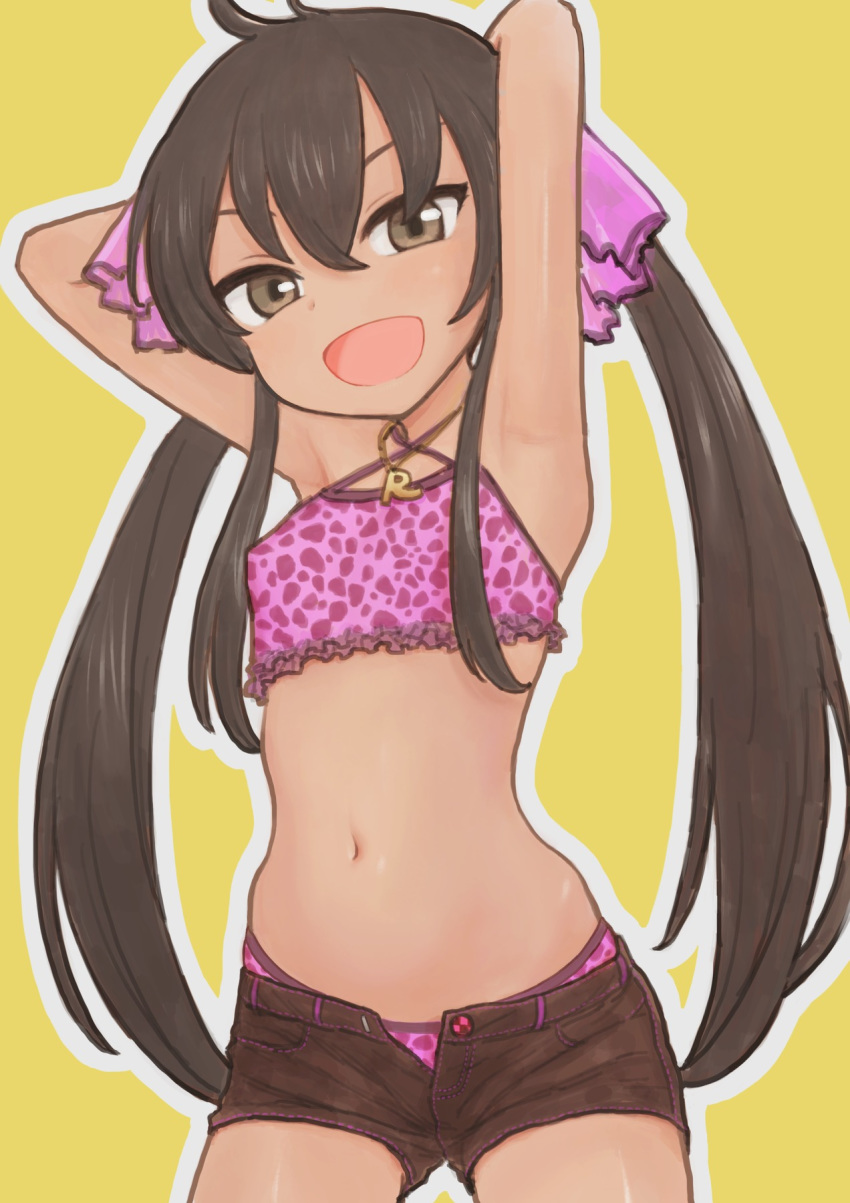 1girl animal_print armpits arms_behind_head bikini black_hair commentary highres idolmaster idolmaster_cinderella_girls leopard_print long_hair looking_at_viewer matoba_risa navel omodaka_(nitera1041) panties panty_peek short_shorts shorts simple_background solo swimsuit tan twintails underwear