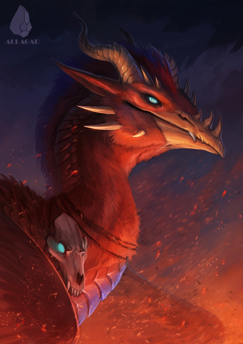 2020 absurd_res allagar ambiguous_gender blue_eyes digital_media_(artwork) dragon feathered_wings feathers feral fur furred_dragon hair hi_res horn implied_fire red_body red_feathers red_hair solo spines standing wings