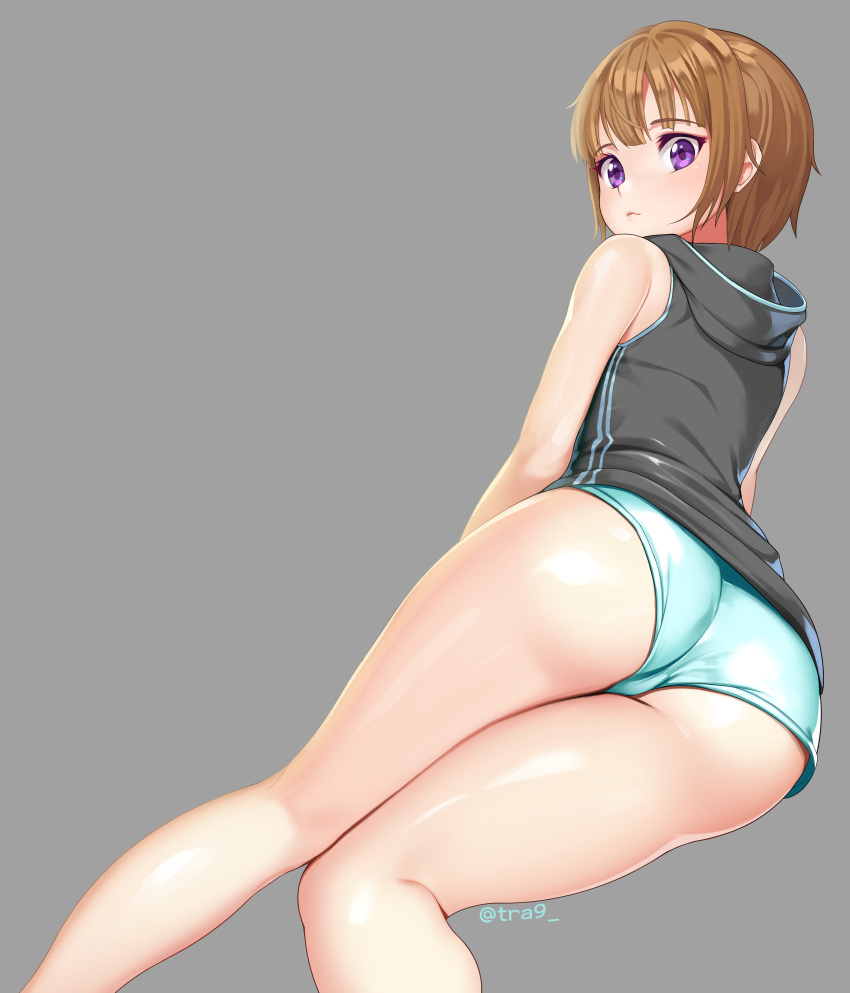 1girl absurdres ass bang_dream! bangs bare_shoulders blue_shorts brown_hair eyebrows_visible_through_hair grey_hoodie hair_ornament hairclip highres hood hoodie hpb8642 legs looking_at_viewer looking_back lying micro_shorts on_side purple_eyes short_hair shorts sleeveless sleeveless_hoodie thighs toyama_asuka