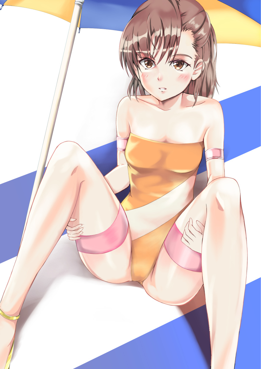 1girl absurdres asymmetrical_bangs bangs blush bokoboko breasts brown_eyes brown_hair casual_one-piece_swimsuit cleavage collarbone day highres looking_at_viewer misaka_mikoto one-piece_swimsuit orange_swimsuit outdoors parasol parted_lips shiny shiny_hair short_hair sitting small_breasts solo spread_legs strapless strapless_swimsuit swimsuit thigh_strap to_aru_majutsu_no_index umbrella