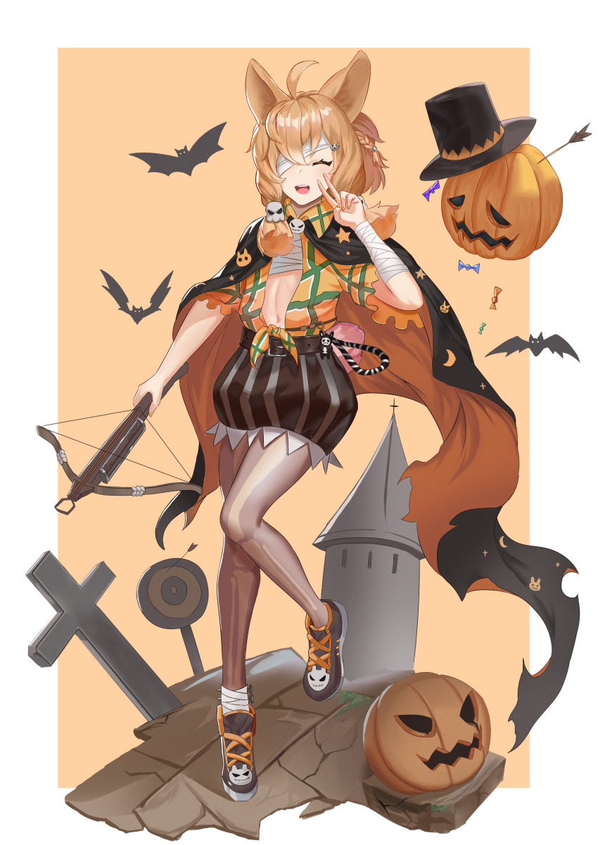 1girl absurdres ahoge animal_ears animal_print arknights arrow bandage_over_one_eye bandaged_arm bandages bat black_cloak black_footwear black_headwear black_skirt blonde_hair bow_(weapon) braid brown_legwear bunny_ears bunny_print bunny_tail cloak closed_eyes collared_shirt commentary crescent_print cross crossbow flat_chest full_body hair_between_eyes hair_ornament halloween halloween_costume hat highres jack-o'-lantern kroos_(arknights) longyu_(17767756) looking_at_viewer medium_hair midriff miniskirt nail nail_polish navel open_clothes open_mouth open_shirt orange_nails orange_shirt pantyhose romaji_commentary sarashi shiny shiny_clothes shiny_legwear shirt shoes side_braid simple_background skirt skull_hair_ornament smile solo spire striped striped_skirt tail target tombstone top_hat v vertical-striped_skirt vertical_stripes weapon white_background yellow_background