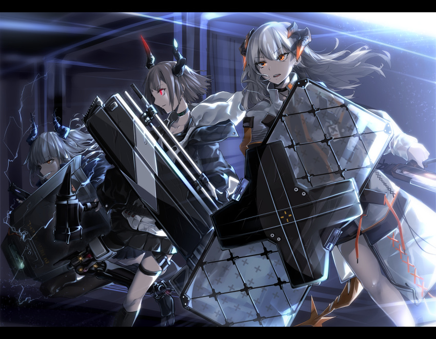 3girls arknights black_choker black_jacket black_skirt brown_eyes choker coat commentary_request earrings electricity feet_out_of_frame gun holding holding_gun holding_hammer holding_weapon horns jacket jewelry kazetto letterboxed liskarm_(arknights) long_hair long_sleeves mechanical_leg miniskirt multiple_girls open_mouth pleated_skirt red_eyes saria_(arknights) shield short_hair silver_hair skirt standing stud_earrings tail thigh_strap vulcan_(arknights) weapon white_coat yellow_eyes