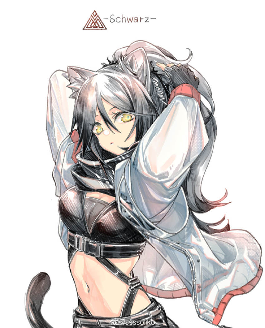 1girl animal_ear_fluff animal_ears arknights arms_up bangs black_gloves breasts cat_ears cat_tail character_name chinese_commentary commentary_request crop_top fingerless_gloves gloves hair_between_eyes highres jacket koli_(ssssoliko) long_hair looking_at_viewer medium_breasts midriff navel schwarz_(arknights) silver_hair simple_background solo stomach tail triangle white_background white_jacket yellow_eyes