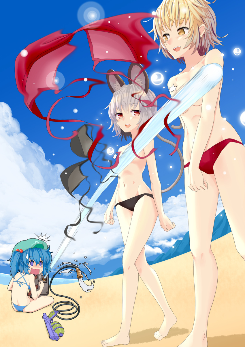 /\/\/\ 3girls animal_ear_fluff animal_ears barefoot beach bikini bikini_top_removed black_bikini blonde_hair blue_bikini blue_eyes blue_hair breasts cabbie_hat cloud day fisheye hair_bobbles hair_ornament hat highres hose ishikkoro kawashiro_nitori lens_flare mountain mouse_ears mouse_tail multiple_girls nazrin open_mouth red_bikini red_eyes short_hair sitting sky sweatdrop swimsuit tail topless toramaru_shou touhou two_side_up walking wardrobe_malfunction water water_gun yellow_eyes