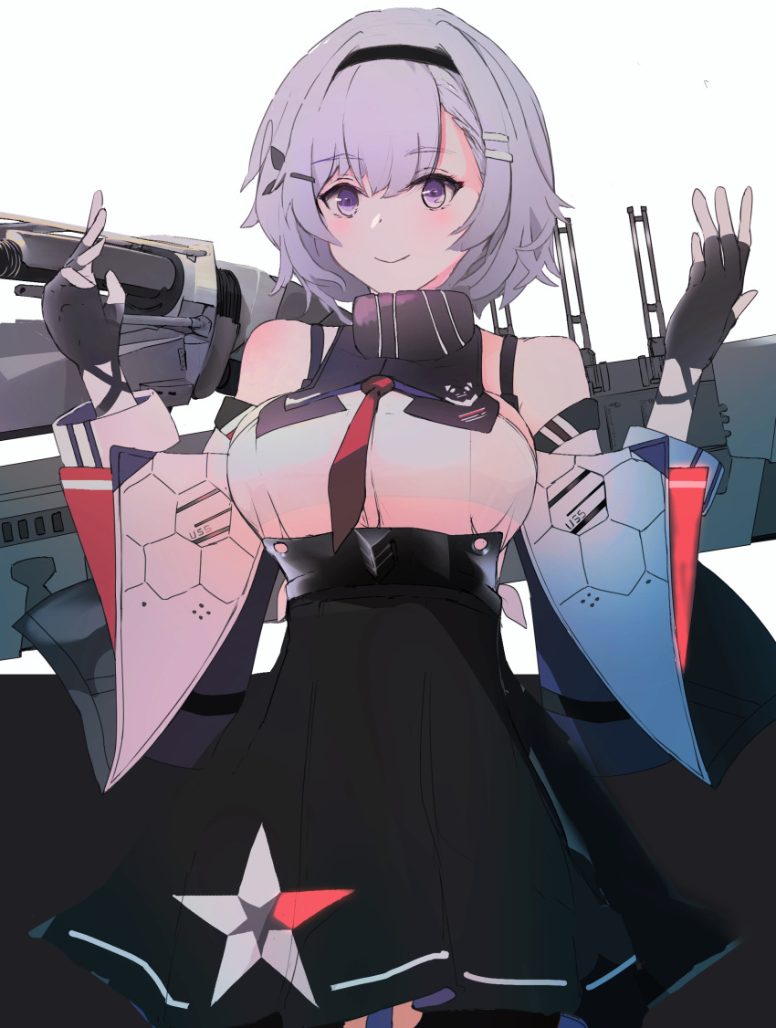 1girl absurdres arms_up azur_lane bare_shoulders black_background black_gloves black_legwear black_ribbon blush breasts commentary_request dress eyebrows_visible_through_hair fingerless_gloves gloves grey_hair hair_between_eyes hair_ornament hairband hairclip highres hinaname large_breasts looking_at_viewer machinery necktie pantyhose purple_eyes red_neckwear reno_(azur_lane) ribbon short_hair simple_background skirt sleeveless smile solo two-tone_background underboob white_background