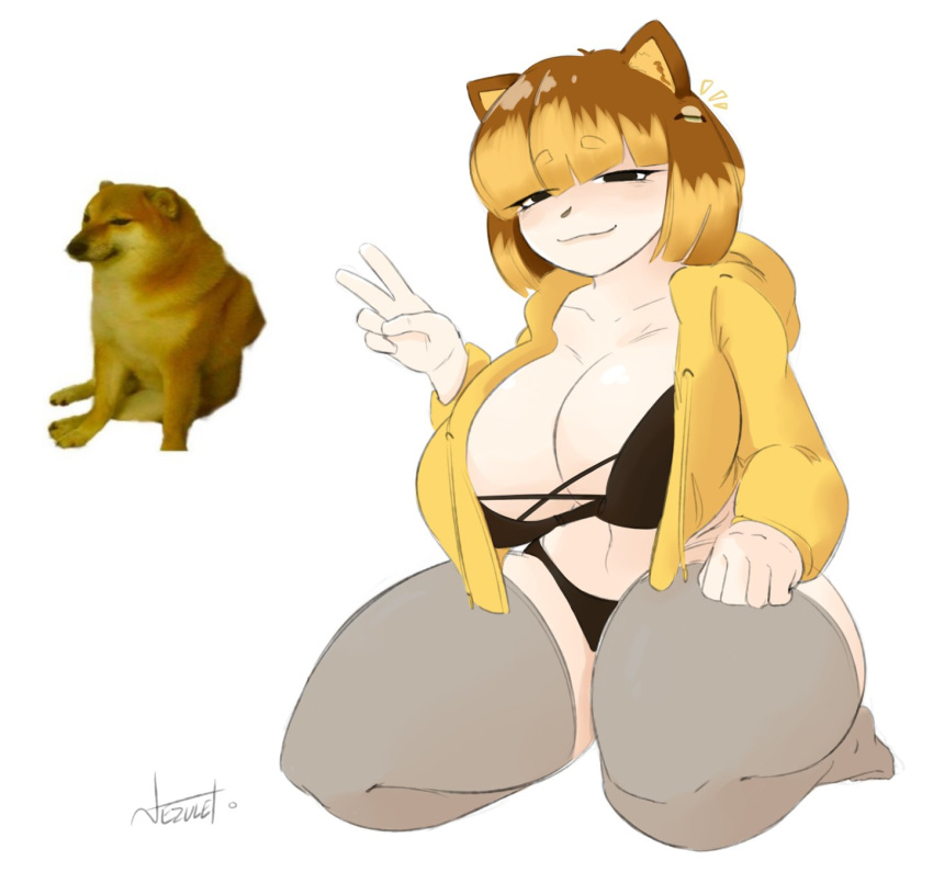 5_fingers accessory animal_humanoid big_breasts black_clothing black_underwear bra breasts canid canid_humanoid canine canine_humanoid canis cheems cleavage clothed clothing dog_humanoid dogelore domestic_dog female fingers gesture hair hair_accessory hairclip hi_res hoodie humanoid kneeling legwear lidded_eyes looking_at_viewer mammal mammal_humanoid meme nezulet shiba_inu simple_background smile solo spitz thick_thighs thigh_highs topwear underwear v_sign white_background yellow_hoodie