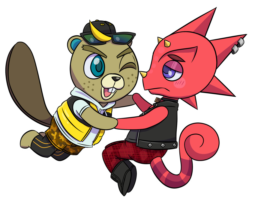 2020 angelicmissmarie animal_crossing anthro backwards_baseball_cap baseball_cap beaver black_nose blue_eyes blush brown_tail c.j._(animal_crossing) chameleon choker clothed clothing duo eye_contact eyebrows eyewear eyewear_on_head flick_(animal_crossing) freckles hand_holding hat headgear headwear hi_res horn jacket jewelry leather leather_jacket lizard looking_at_another male mammal necklace nintendo one_eye_closed piercing purple_eyes red_body reptile rodent scalie simple_background sunglasses sunglasses_on_head tan_body topwear vest video_games white_background wink yellow_horn