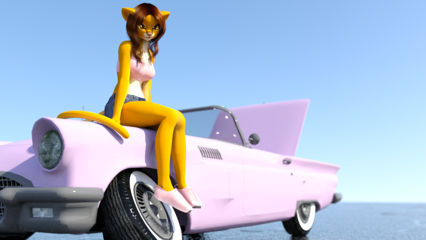 16:9 2020 3d_(artwork) anthro biped bottomwear car clothed clothing cutoffs denim denim_clothing digital_media_(artwork) domestic_cat felid felin feline felis female footwear hair hi_res kawaoneechan letrune mammal on_car on_hood shirt shoes shorts skirt smile solo tank_top topwear vehicle widescreen