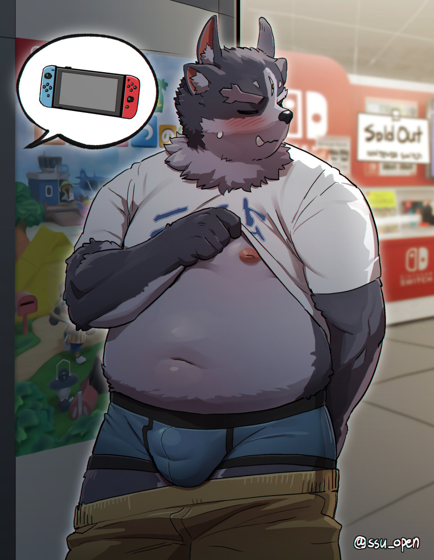 2020 anthro belly blush bottomwear bulge clothed clothing eyes_closed hi_res humanoid_hands kemono male moobs navel nintendo nintendo_switch nipples open_shirt overweight overweight_male shirt shorts solo ssu ssu_open tokyo_afterschool_summoners topwear tsathoggua underwear video_games