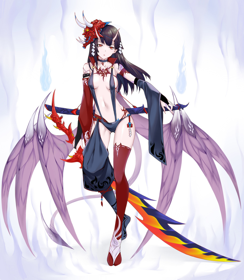 1girl bangs bikini black_bikini black_choker black_hair breasts bridal_gauntlets chest_tattoo choker covered_nipples detached_sleeves dragon_girl dragon_wings fengya fingernails full_body highres holding holding_sword holding_weapon horns long_fingernails long_hair looking_at_viewer mask mask_on_head medium_breasts mismatched_legwear mismatched_sleeves navel original pale_skin parted_lips pointy_ears red_eyes red_legwear revealing_clothes sheath shoulder_tattoo solo spikes standing swimsuit sword tattoo weapon wide_sleeves wings