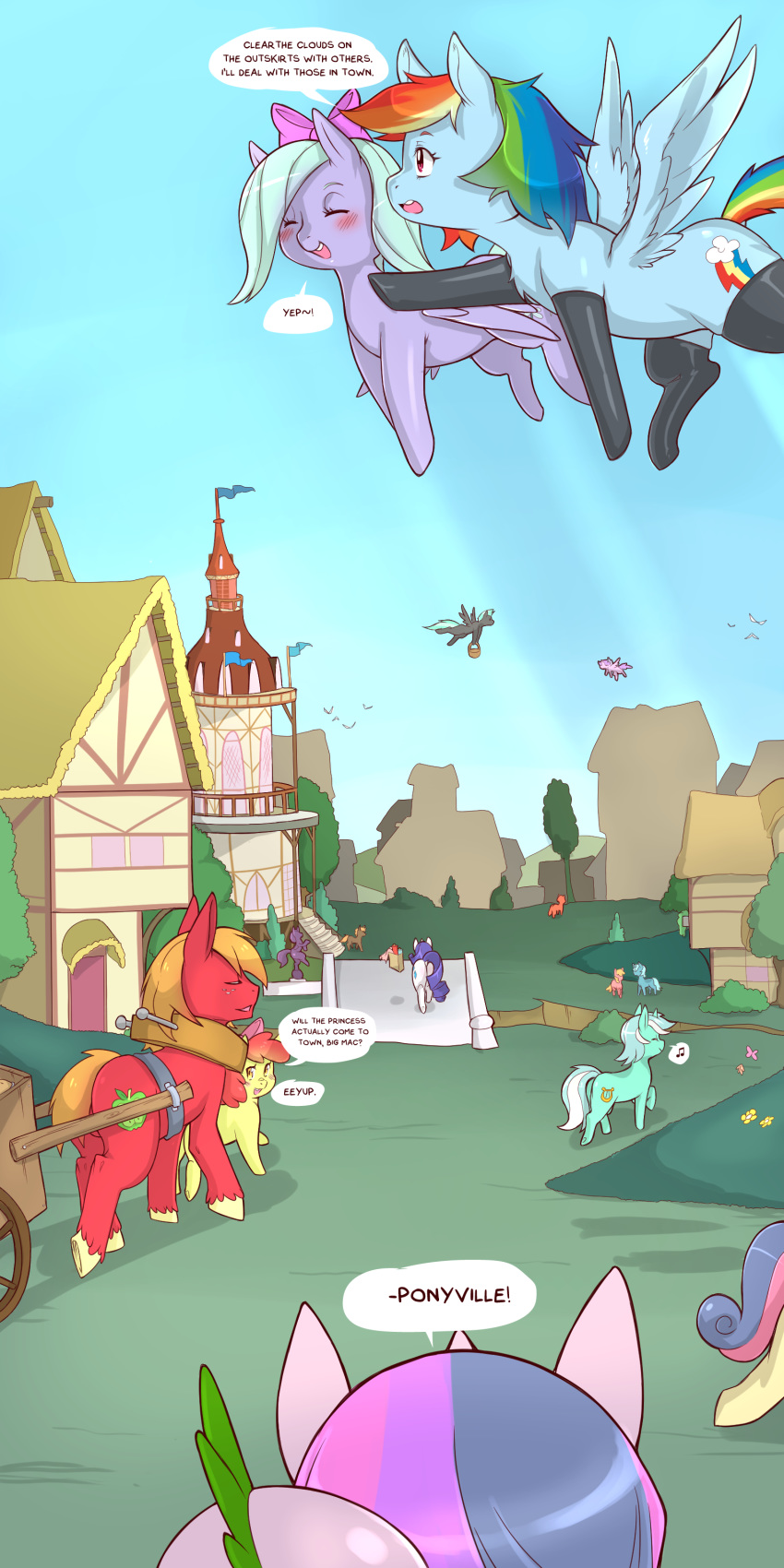 1:2 absurd_res apple_bloom_(mlp) big_macintosh_(mlp) blush bonbon_(mlp) brother brother_and_sister building butt cold-blooded-twilight dialogue dragon english_text equid equine female feral flitter_(mlp) friendship_is_magic hi_res house larger_male lyra_heartstrings_(mlp) male mammal my_little_pony outside pterippus purple_body rainbow_dash_(mlp) rarity_(mlp) rear_view sibling sister size_difference smaller_female spike_(mlp) text thunderlane_(mlp) twilight_sparkle_(mlp) wings