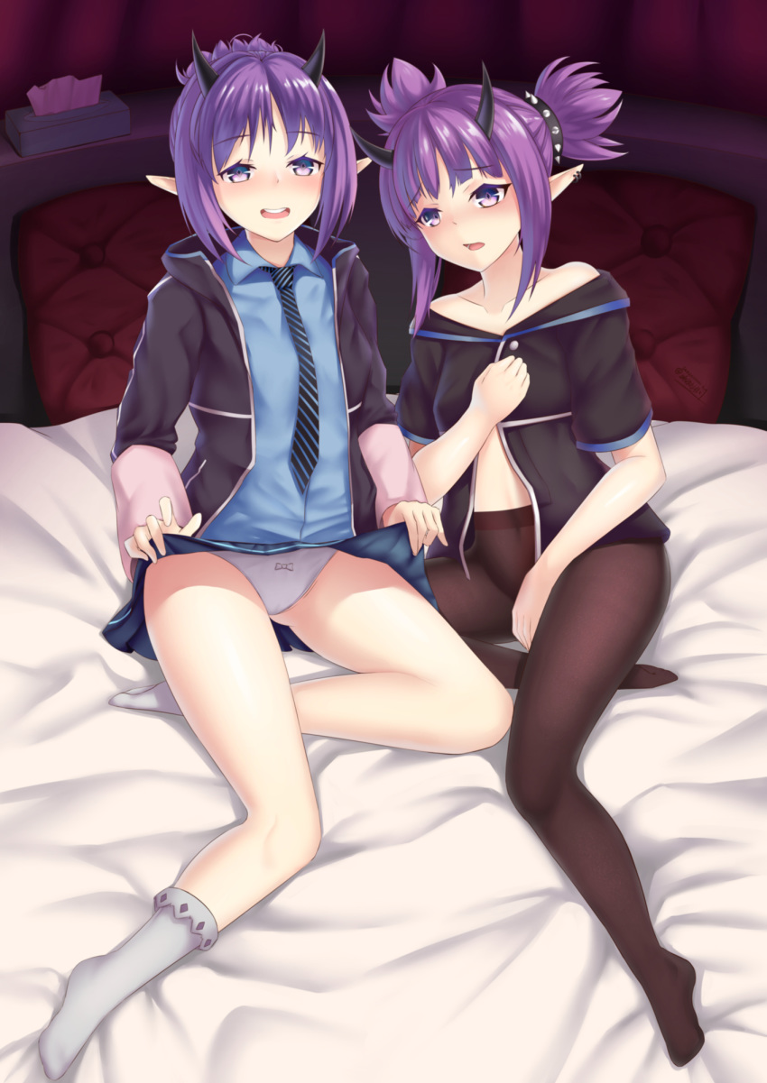 2girls arknights bed bingji_lin black_legwear hibiscus_(arknights) highres horns lava_(arknights) multiple_girls panties pantyhose pointy_ears purple_eyes purple_hair short_hair siblings sisters skirt skirt_lift socks tissue_box underwear white_panties