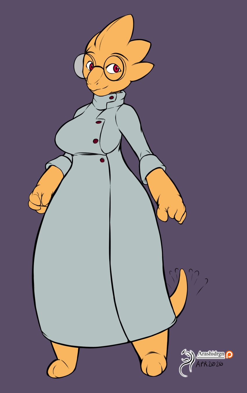 alphys anthro arashidrgn barefoot big_breasts breasts clothed clothing coat deltarune eyewear female glasses hi_res lab_coat lizard looking_at_viewer non-mammal_breasts red_eyes reptile scales scalie smile solo standing tailwag thick_tail topwear undertale video_games wide_hips yellow_body yellow_scales