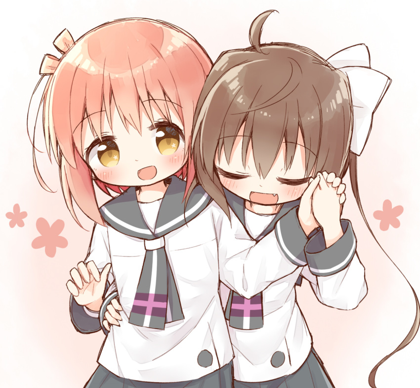 2girls :d ayanepuna bangs blush bow brown_eyes brown_hair closed_eyes commentary_request eyebrows_visible_through_hair fang gradient gradient_background grey_neckwear grey_sailor_collar grey_skirt hair_between_eyes hair_bow hand_on_another's_waist highres holding_hands ichinose_hana long_hair long_sleeves momochi_tamate multiple_girls open_mouth pink_background pleated_skirt sailor_collar school_uniform serafuku shirt skirt sleeves_past_wrists slow_start smile twintails very_long_hair white_bow white_shirt