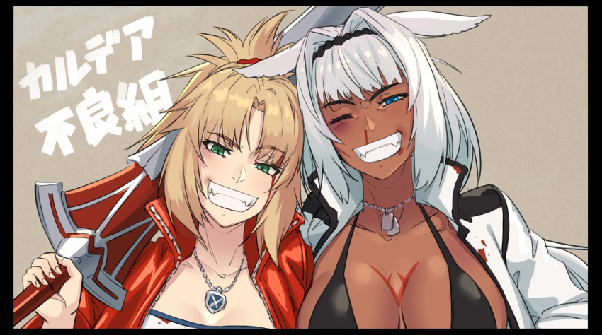 animal_ears black_bra blonde_hair blood blood_on_face bloody_nose blue_eyes bra caenis_(fate) clarent fate/grand_order fate_(series) green_eyes grin hairband highres jacket jewelry leather leather_jacket mikoyan mordred_(fate) mordred_(fate)_(all) one_eye_closed over_shoulder pendant ponytail smile sword sword_over_shoulder underwear weapon weapon_over_shoulder white_hair