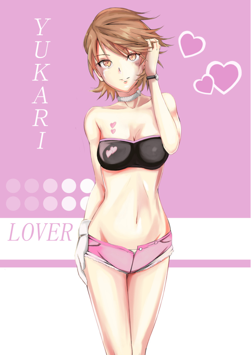 1girl adjusting_hair asymmetrical_gloves bangs bikini bikini_top black_bikini bokoboko breasts brown_eyes brown_hair character_name choker cleavage collarbone eyebrows_visible_through_hair gloves groin hair_between_eyes highres looking_at_viewer medium_breasts micro_shorts navel open_clothes open_shorts persona persona_3 pink_shorts shiny shiny_hair short_hair shorts single_glove solo standing strapless strapless_bikini swept_bangs swimsuit takeba_yukari watch white_gloves wristwatch